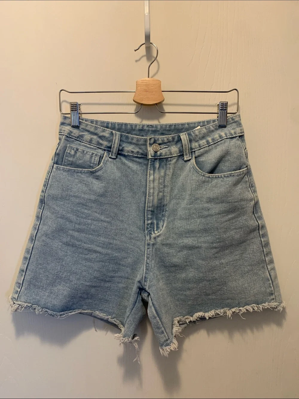 SHEIN Light Blue High-Rise Frayed Denim Shorts